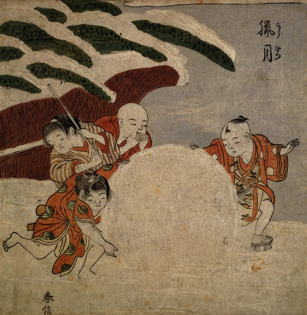 Négy fiú hógolyót készít, 1768 körül (színes fatömbnyomat) alkotó: Suzuki Harunobu