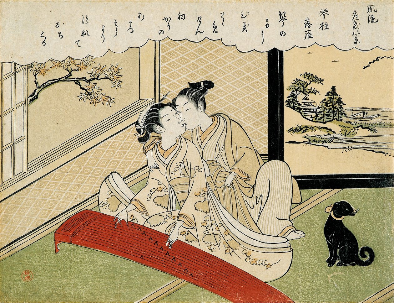 Liba ereszkedik le a koto hidakon (Kotoji rakugan) a „Nyolc divatos szalonkilátás (Furyu zashiki hakkei)” sorozatból alkotó: Suzuki Harunobu