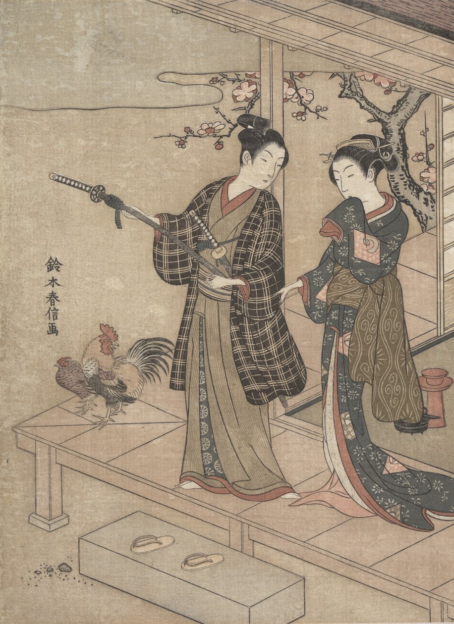 Gentleman búcsút vesz asszonyától a verandán. alkotó: Suzuki Harunobu