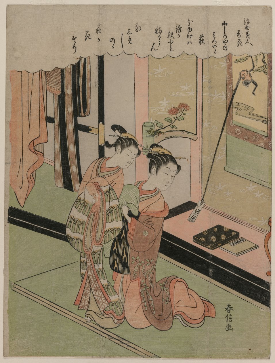 Hatsuito of the Yamashiroya Bokorlóhere hasonlított a Lebegő világ szépségei a virágokhoz képest című sorozatból alkotó: Suzuki Harunobu
