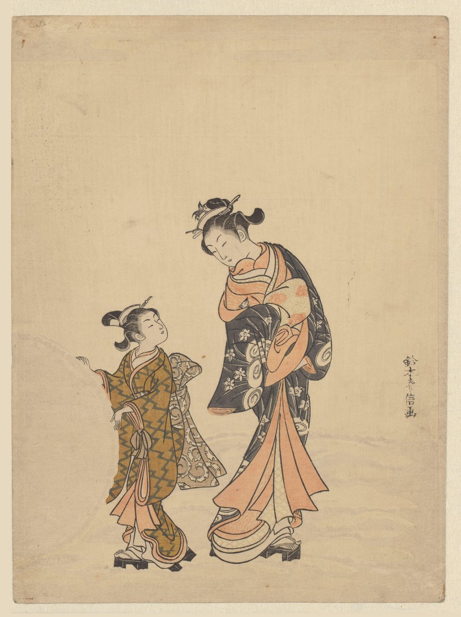 Fiatal nő és lány hógolyónál alkotó: Suzuki Harunobu