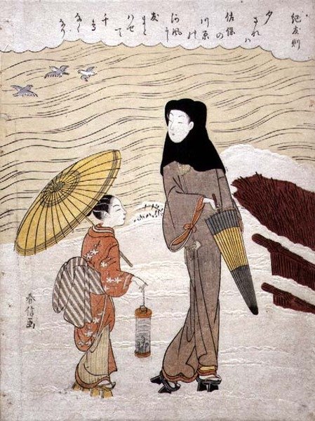 Hölgy és szobalány sétál a folyó mellett, 1767 körül (fatömbnyomat villogó dombornyomással) alkotó: Suzuki Harunobu