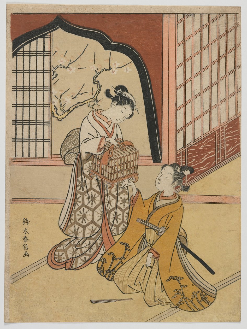 Madárketrecsel szerelmesek, Edo-korszak, 1766-67 körül (színes fatömbnyomat) alkotó: Suzuki Harunobu