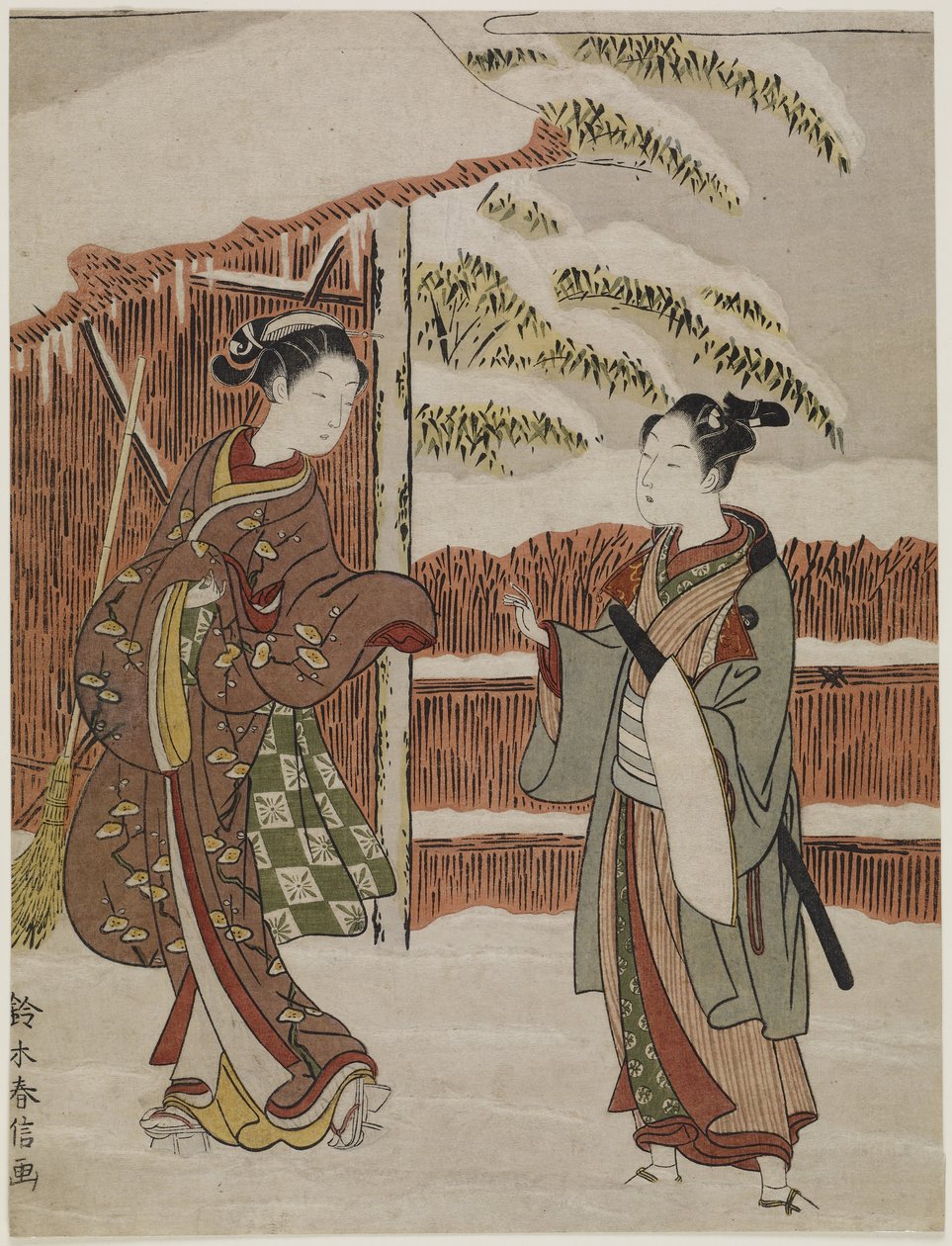 Egy jelenet mitátája a Kabuki Play női változatából a Ptted Trees c. 1768 alkotó: Suzuki Harunobu