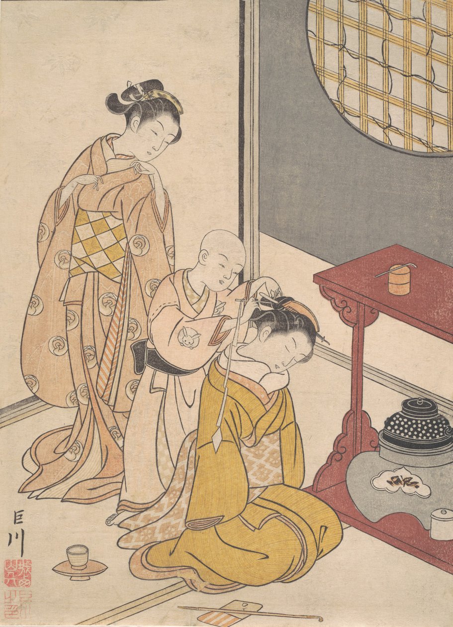 Éjszakai eső a duplapolcos standon, a Nyolc szalonkilátás sorozatból Zashiki hakk..., kb. 1766. alkotó: Suzuki Harunobu
