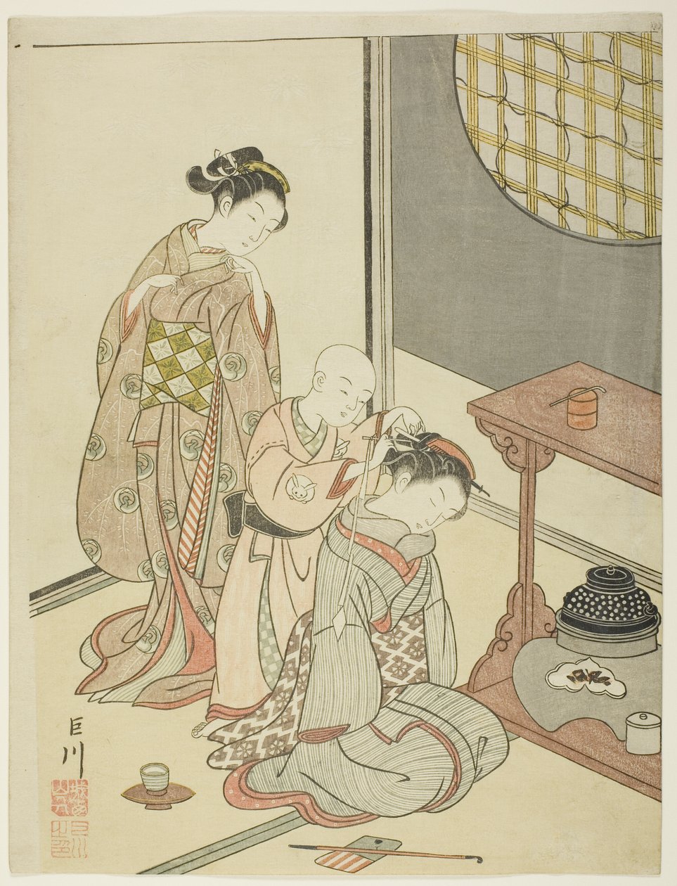 Night Rain of the Tea Stand (Daisu no yau), a "Nyolc nézet a szalonból (Zashiki hakkei)" sorozatból alkotó: Suzuki Harunobu