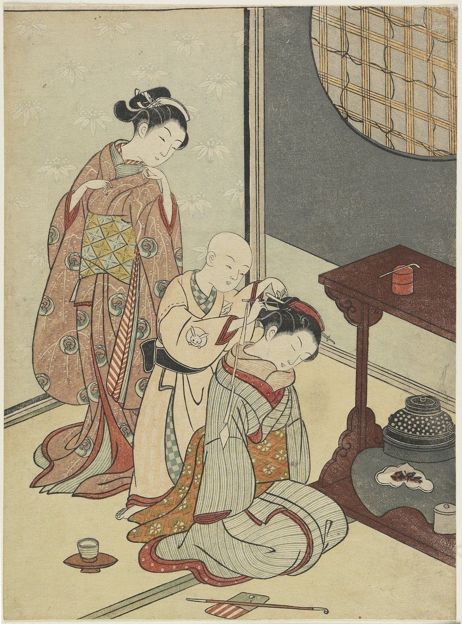 Éjszakai eső a teatartón, 1766 után (színes fanyomat) alkotó: Suzuki Harunobu
