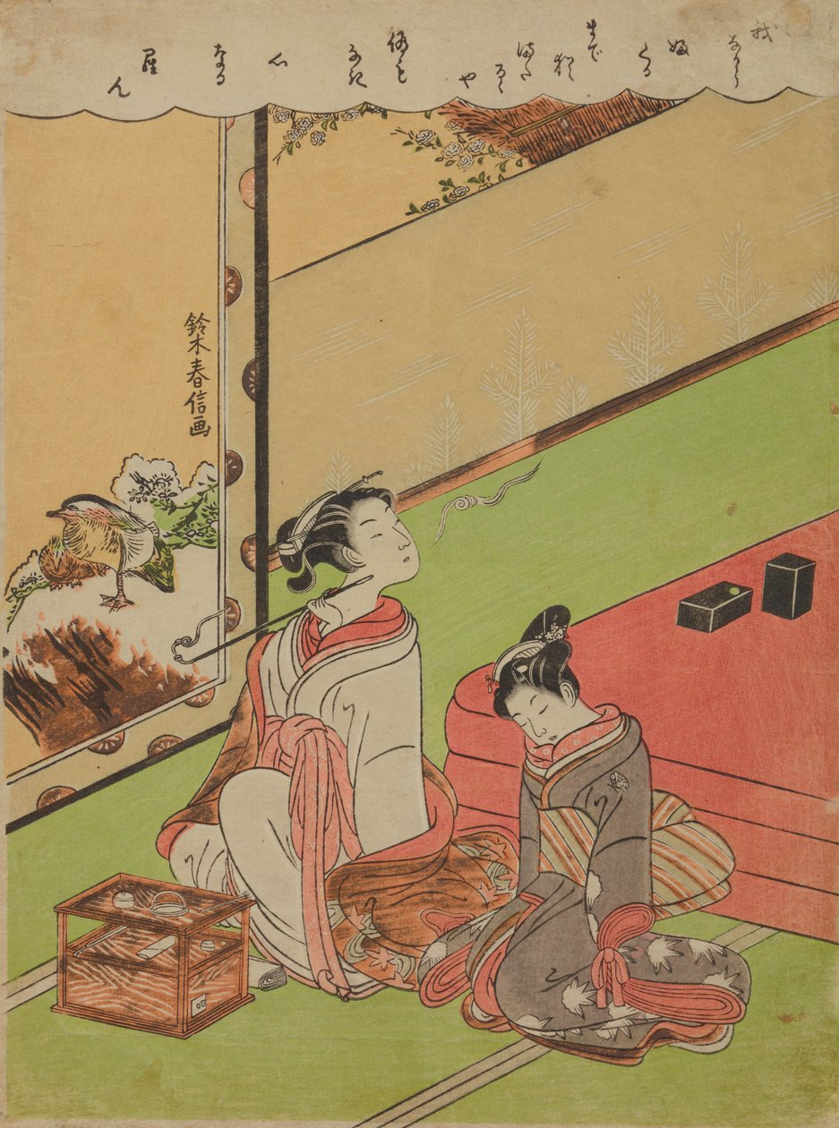 Pipázó oiran és szundikáló szolgálója alkotó: Suzuki Harunobu