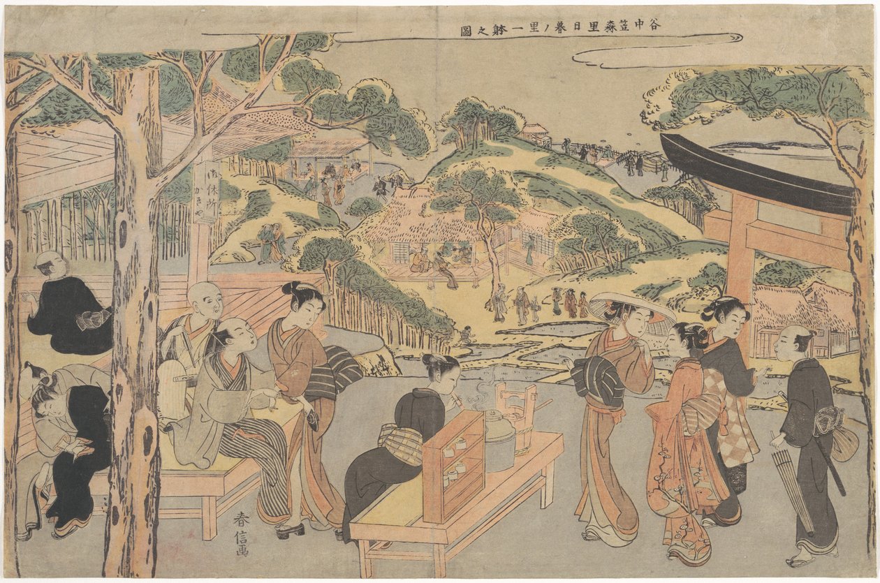 Osen a Kagiya teaházból a Kasamori-szentélynél, kilátással a janakai Nipporira alkotó: Suzuki Harunobu