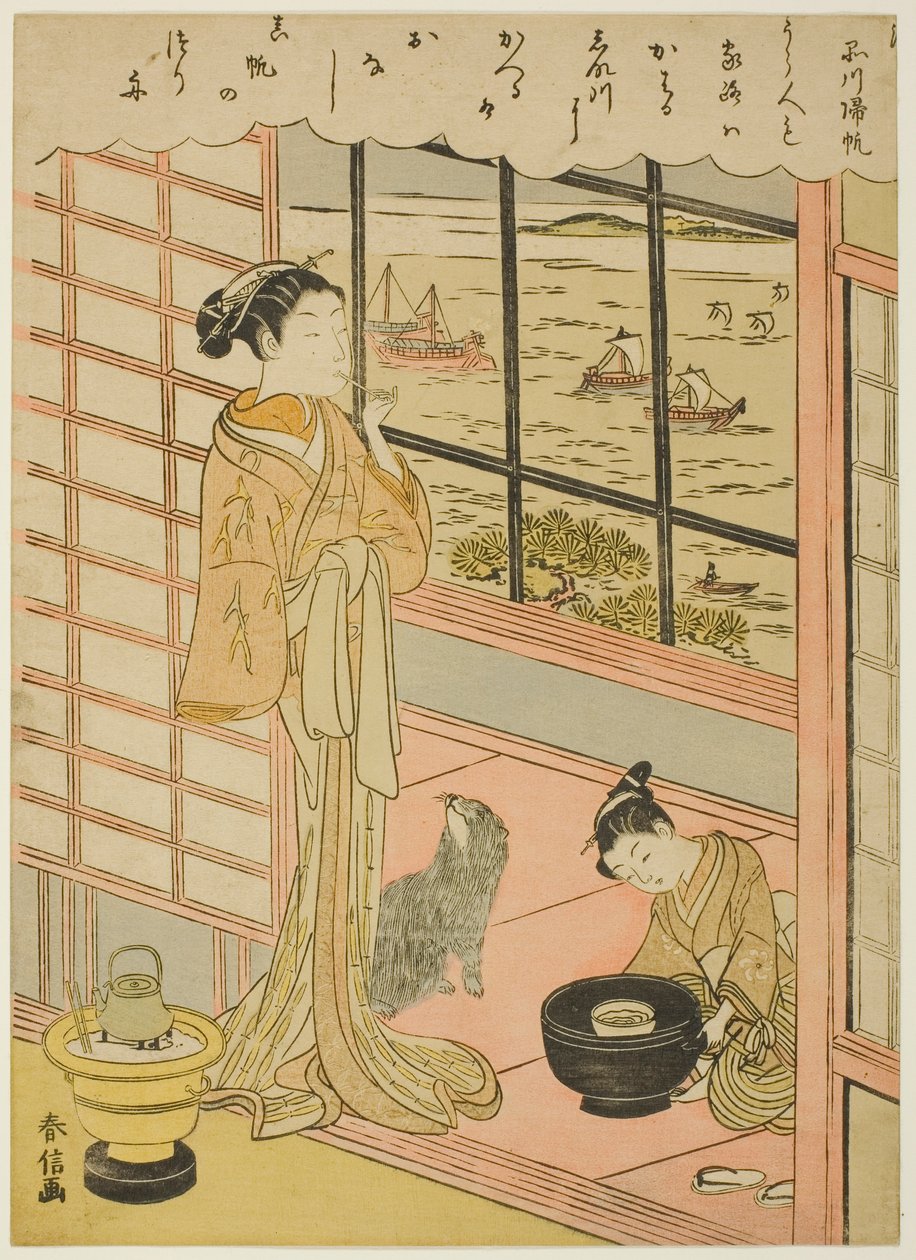 Emberek sora ismét Shinagawánál (Shinagawa normája), a te sorozatból: „Angol ght fascio be view ws of Edo (furyu Eight Views of Edo)” alkotó: Suzuki Harunobu
