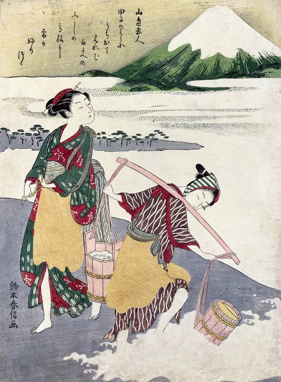 Salt Maidens a Tago-no-ura strandon a Fuji-hegy mögött (színes fatömbnyomat) alkotó: Suzuki Harunobu