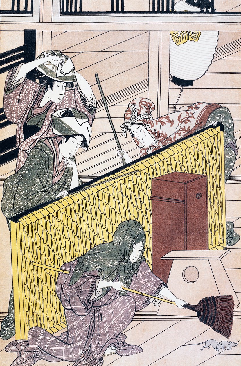 Egereket üldöző szolga a házban, Suzuki Harunobu (1725-1770) ukiyo-e művészeti nyomata, fametszet, japán civilizáció, Edo-korszak alkotó: Suzuki Harunobu