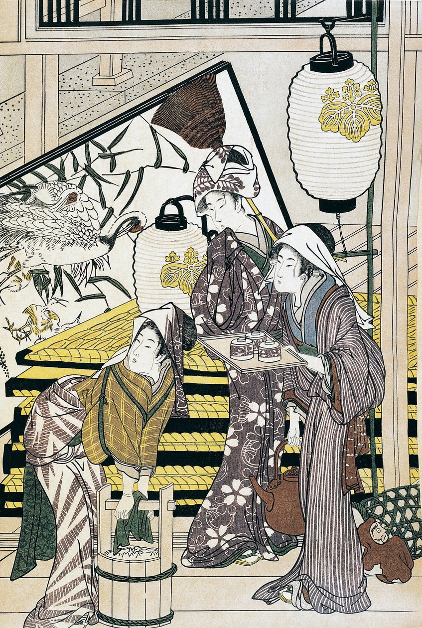Otthon fáradozó szolgák, Suzuki Harunobu (1725-1770) ukiyo-e művészeti nyomata, fametszet, japán civilizáció, Edo-korszak alkotó: Suzuki Harunobu
