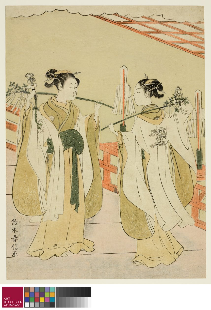 Shrine Maidens Onami and Ohatsu Dancing at Yushima Tenjin Shrine, c.1769 alkotó: Suzuki Harunobu