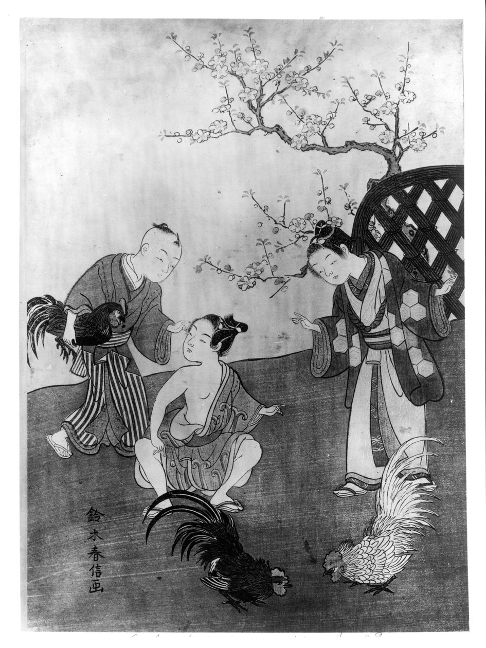 A kakasviadal (fatömb nyomat) alkotó: Suzuki Harunobu