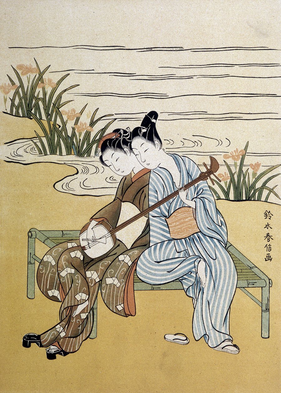 A shamisen: shamisen-t játszó pár (vagy samisen: hosszú ujjú lant három húrral) - Harunobou, a „Japan artistique”-ban”, 1890. július alkotó: Suzuki Harunobu