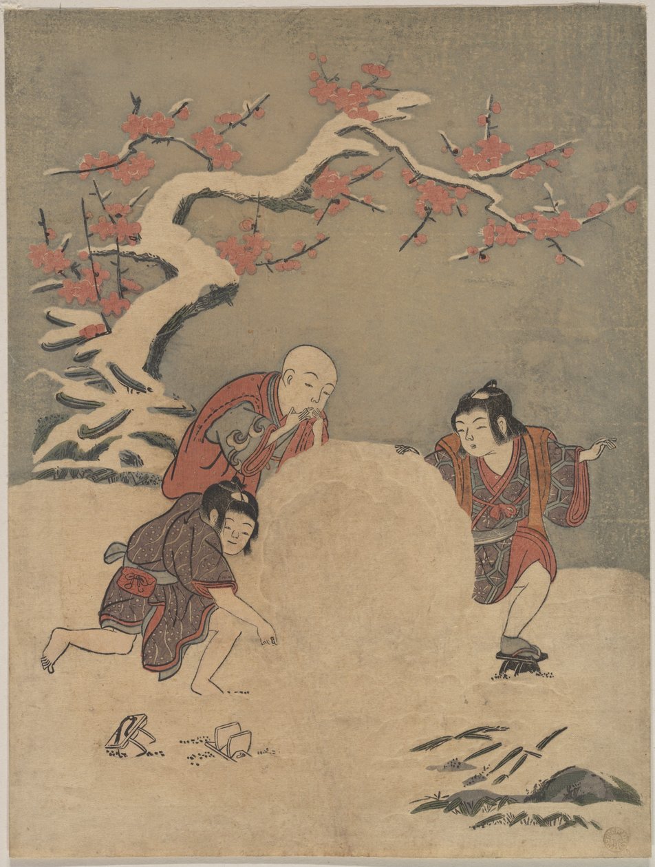 Három fiú hóembert épít alkotó: Suzuki Harunobu