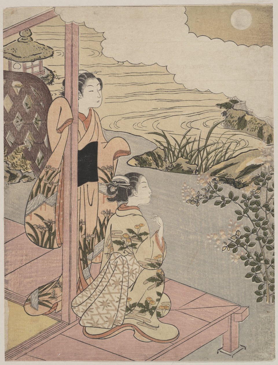 Két lány a verandán, patak mellett, a holddal alkotó: Suzuki Harunobu