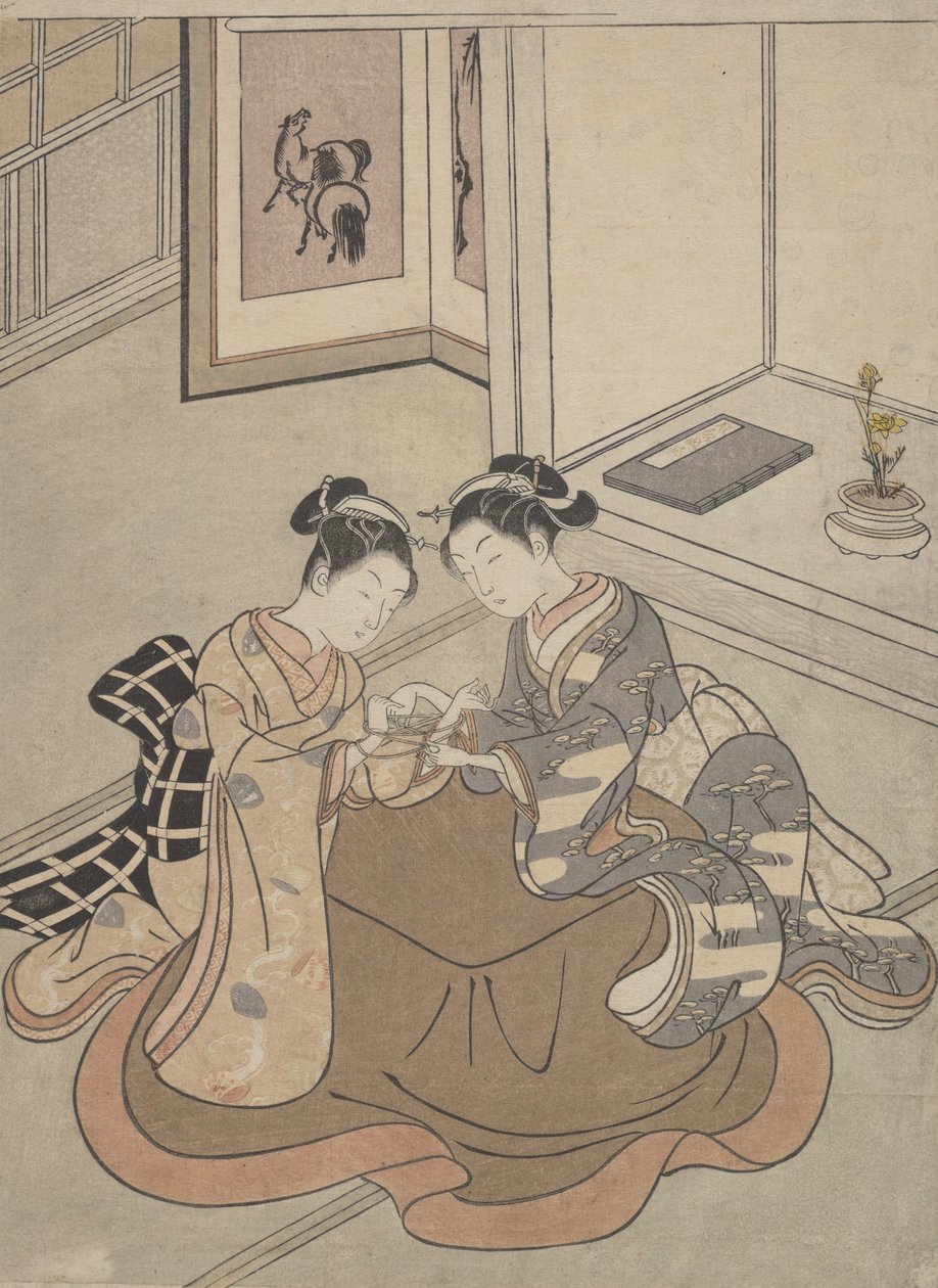 Két fiatal nő ül egy Kotatsu Macskabölcső mellett, kb. 1765., kb. 1765. alkotó: Suzuki Harunobu