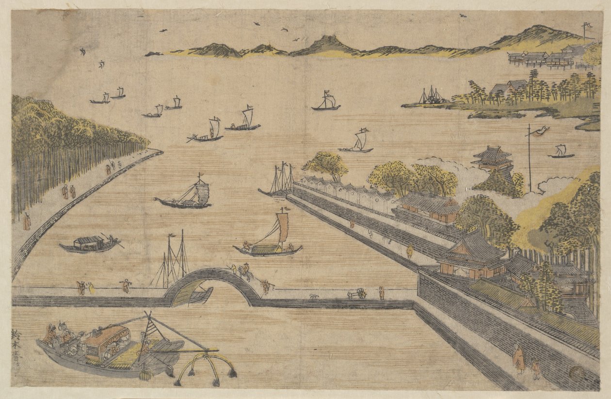 Fukagawa látképe, Edo alkotó: Suzuki Harunobu
