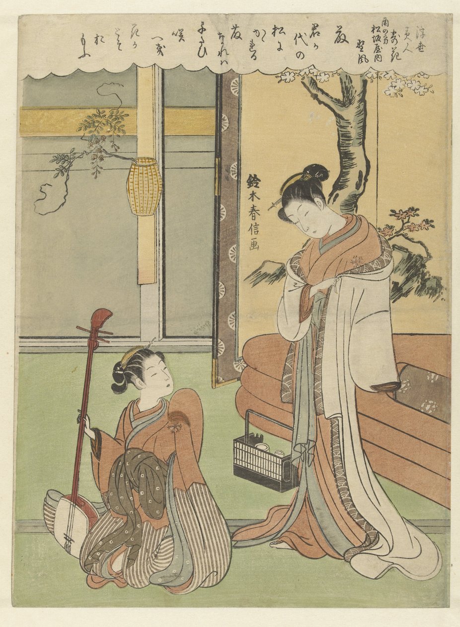 Wisteria: Nokaze udvarhölgy Dél-Macuzakaya-ból. Minami no kata Matsuzakaya uchi Nokaze, Fuji (cím a tárgyon) A Folyó Világ szépségei; versek a virágokról Ukiyo bijin, hana ni yoseru (sorozat címe az objektumon) alkotó: Suzuki Harunobu