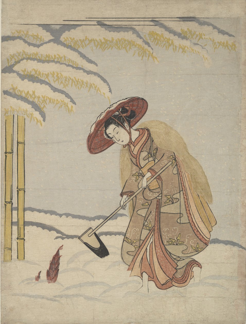 Bambuszrügyeket ásó nő a hóban, avagy Meng Zong Moso paródiája, a Twenty-Fo...-ból, kb. 1765. alkotó: Suzuki Harunobu