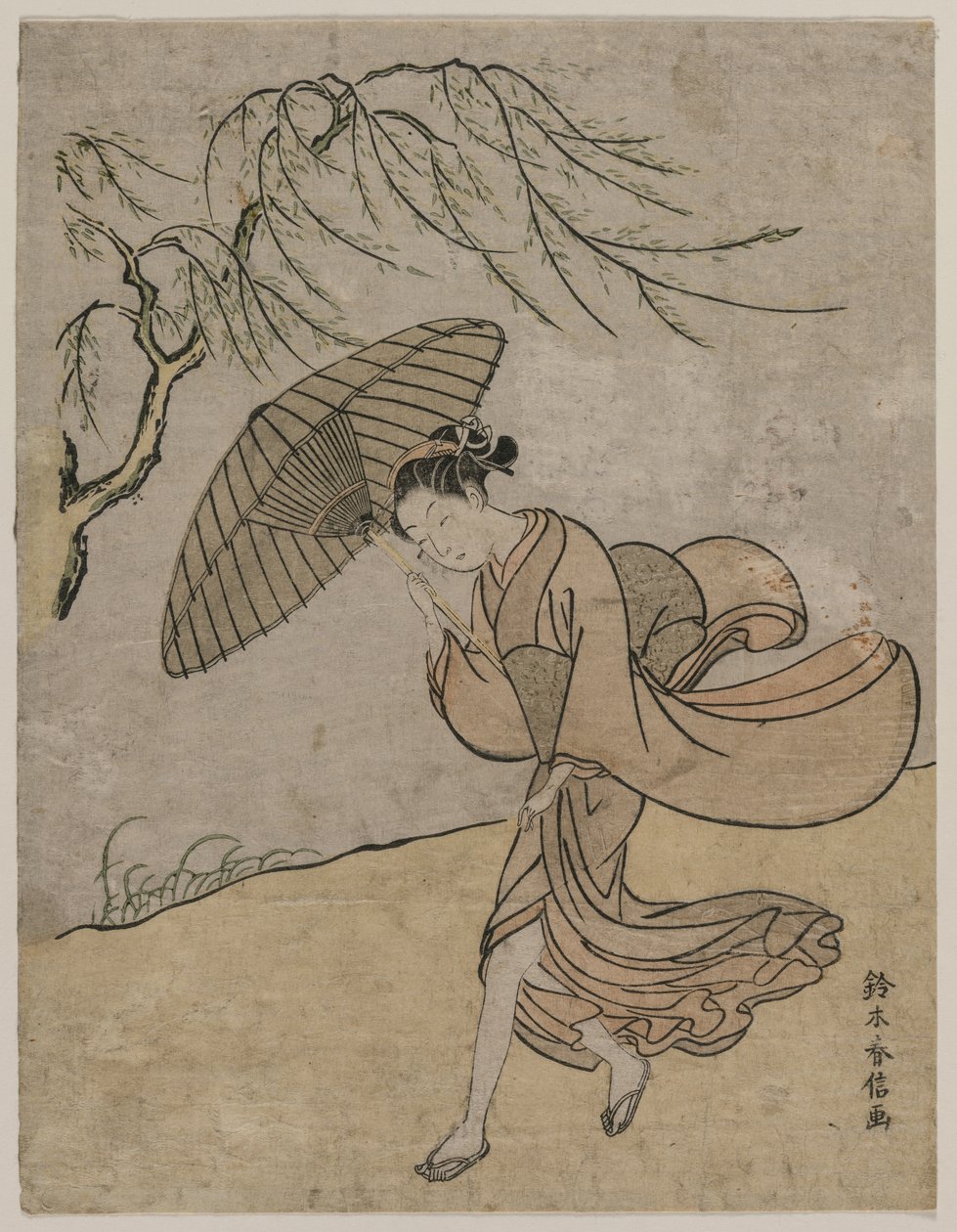 Nő, aki egy fűzfa mellett fut a szélben, 1766 vagy 1767. alkotó: Suzuki Harunobu