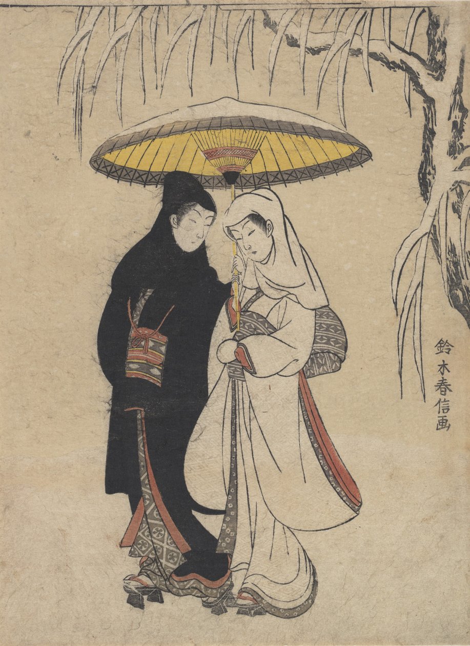 Fiatal szerelmesek együtt sétálnak esernyő alatt a hóviharban Varjú és gém, kb. ..., kb. 1769. alkotó: Suzuki Harunobu