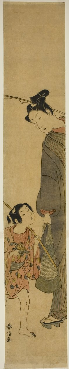 Fiatal férfi és fiú visszatér a horgászatból alkotó: Suzuki Harunobu