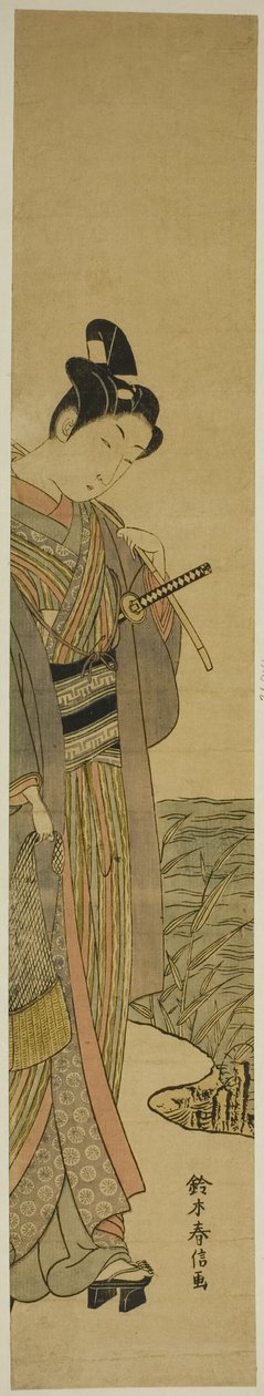 Fiatal férfi horgászbottal és hálóval alkotó: Suzuki Harunobu