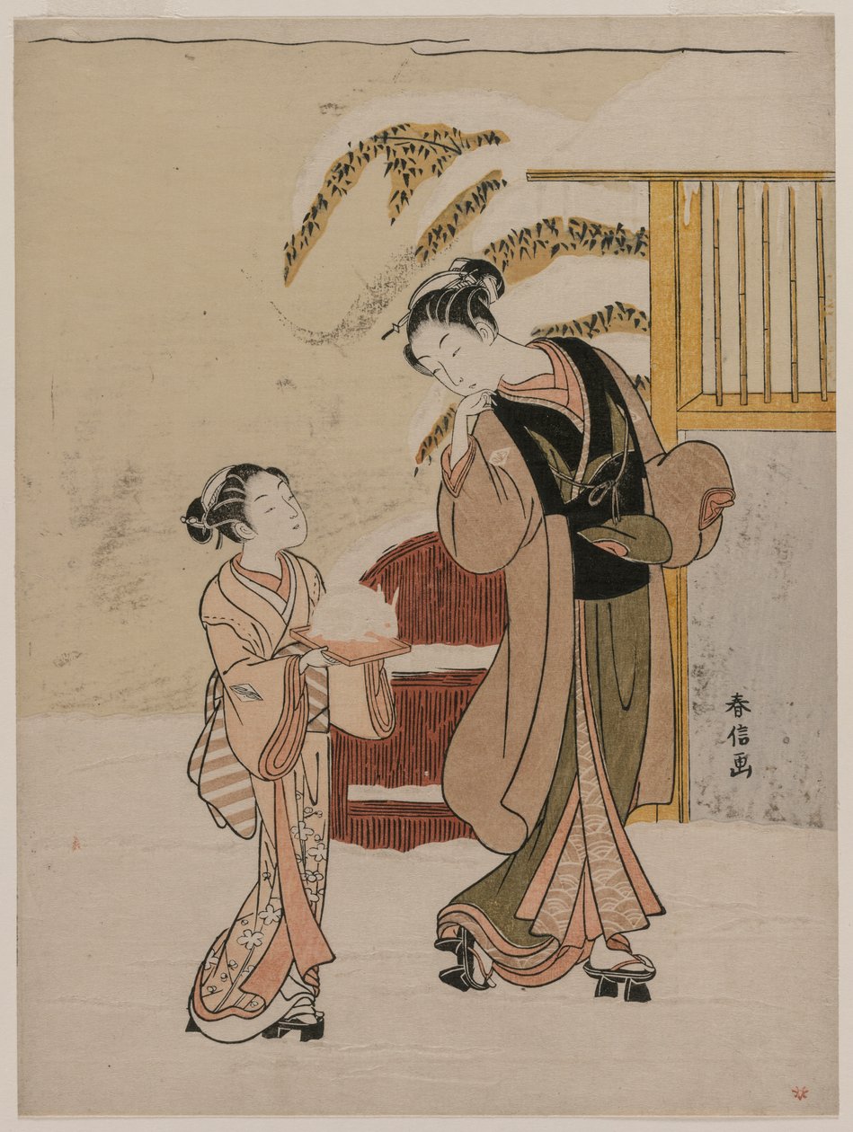 Fiatal nő, aki egy hónyúlban gyönyörködik, 1760-as évek vége. alkotó: Suzuki Harunobu