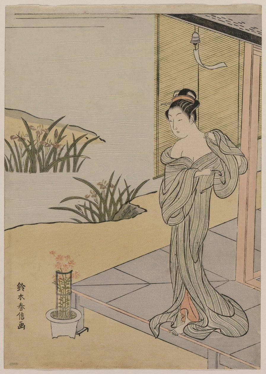 Fiatal nő néz egy fazék rózsaszín, c. 1767. alkotó: Suzuki Harunobu
