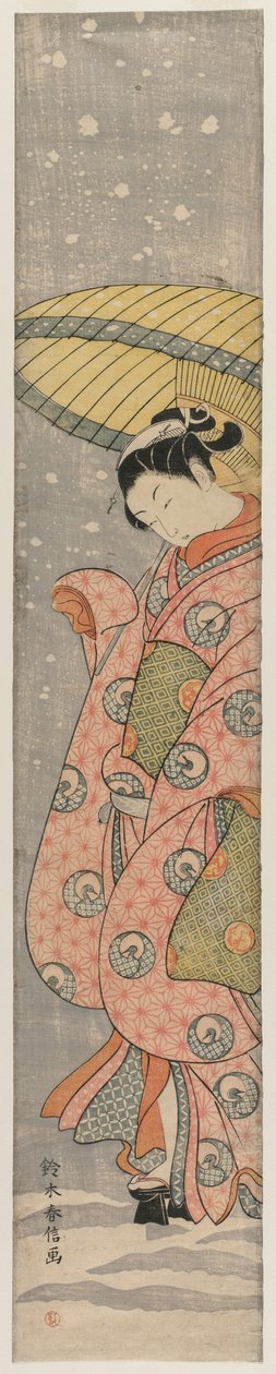 Fiatal nő áll egy esernyő alatt a hóban, 1767-1768. alkotó: Suzuki Harunobu