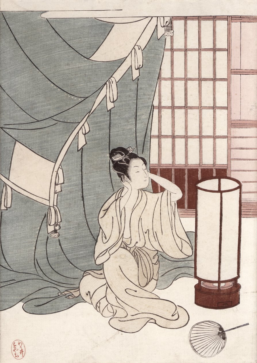 Fiatal nő térdel a szúnyoghálója mellett, 1766 (színes fanyomat) alkotó: Suzuki Harunobu