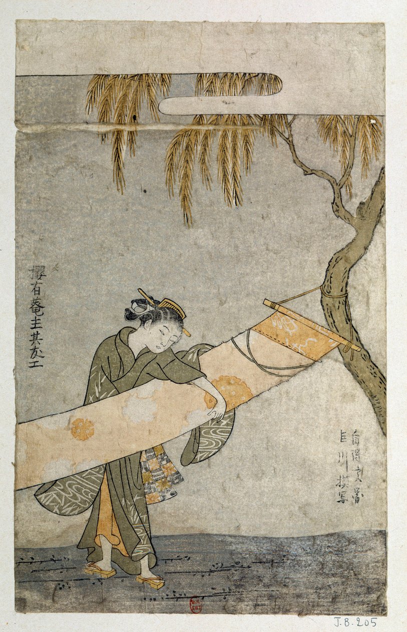 Kakemonót ápoló fiatal nő egy fához kötődik. Japán nyomtatott Harunobu Suzuki (1725-1770) alkotó: Suzuki Harunobu