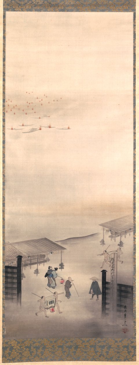 Yoshiwara és Shinagawa, Edo-korszak (tinta, szín és arany selyemen) alkotó: Suzuki Kiitsu