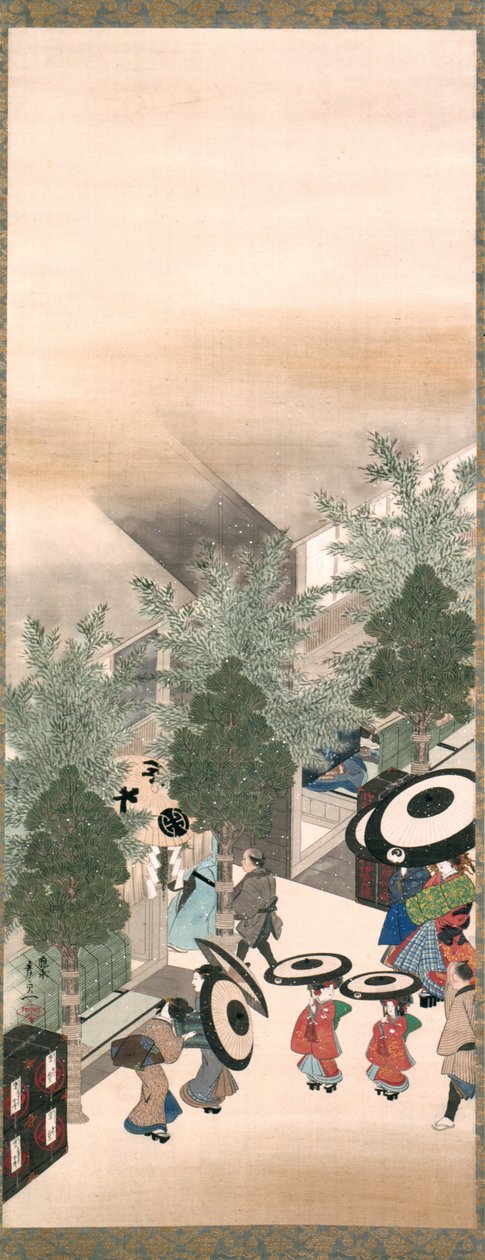 Yoshiwara és Shinagawa, Edo-korszak (tinta, szín és arany selyemen) alkotó: Suzuki Kiitsu