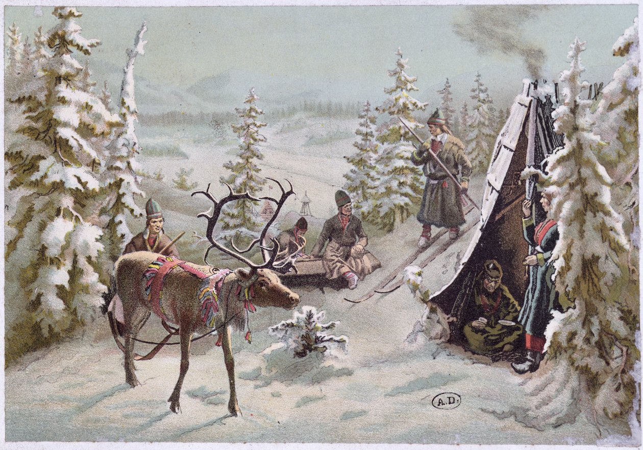 Észak-Svédország: őszi vándorlás Lappföldön Lulea környékén, 19. század vége (színes litho) alkotó: Swedish School