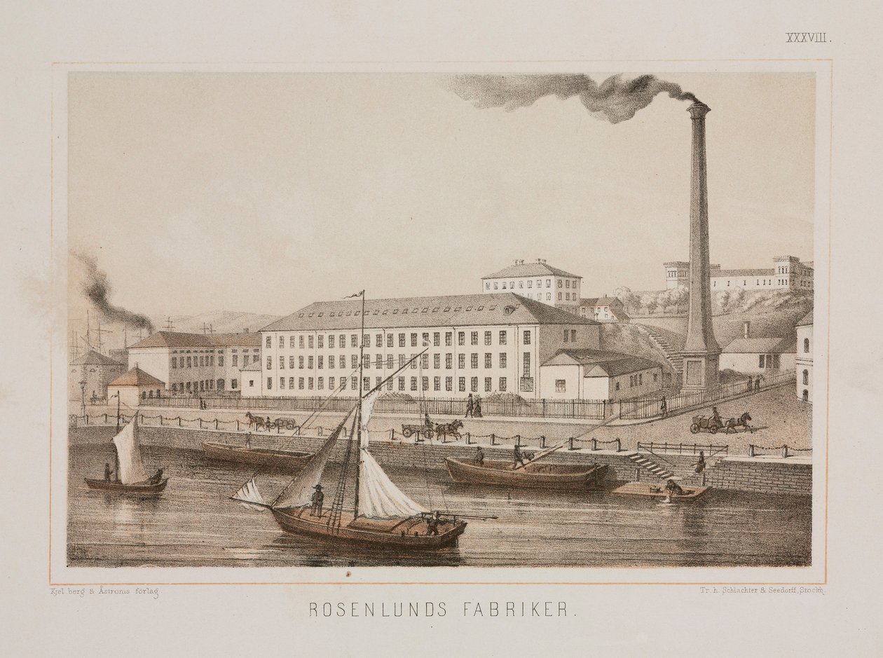 „Rosenlunds Fabriker” (Rosenlunds Factory), Rosenlunds, Stockholm, Svédország, 1840 körül (színes litho) alkotó: Swedish School