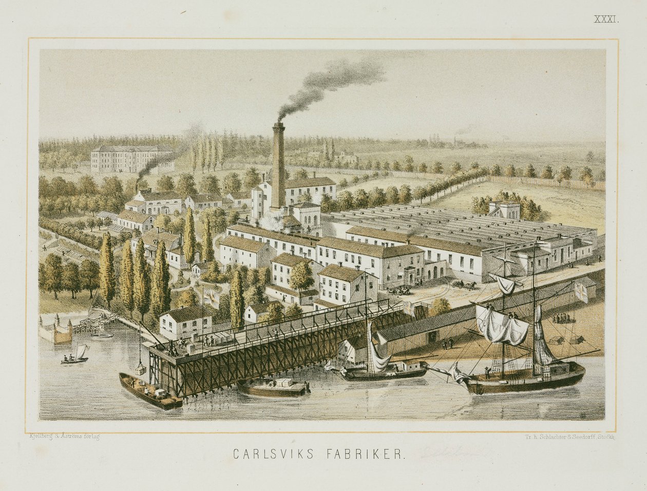 Textilgyár, Carlsviks, Stockholm, Svédország, 1840 körül (színes lito) alkotó: Swedish School