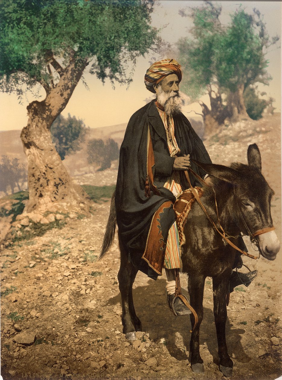 Arab férfi Betlehemből a szamárján, 1880-1900 körül (fotókróm) alkotó: Swiss Photographer