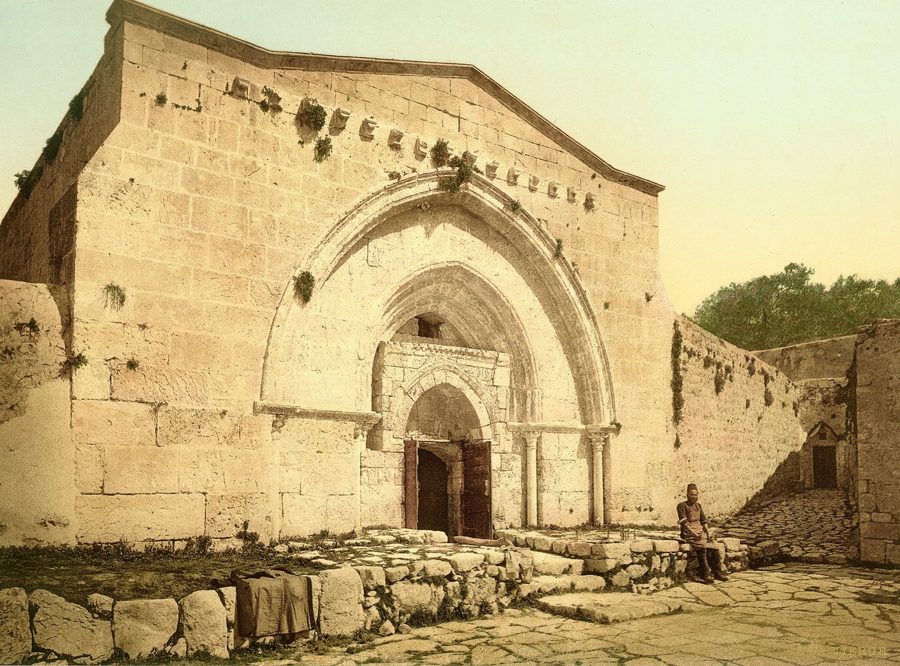 A Szűz Mária sírja templom homlokzata a Kedron-völgyben, Jeruzsálem, 1880-1900 (photochrom) alkotó: Swiss Photographer