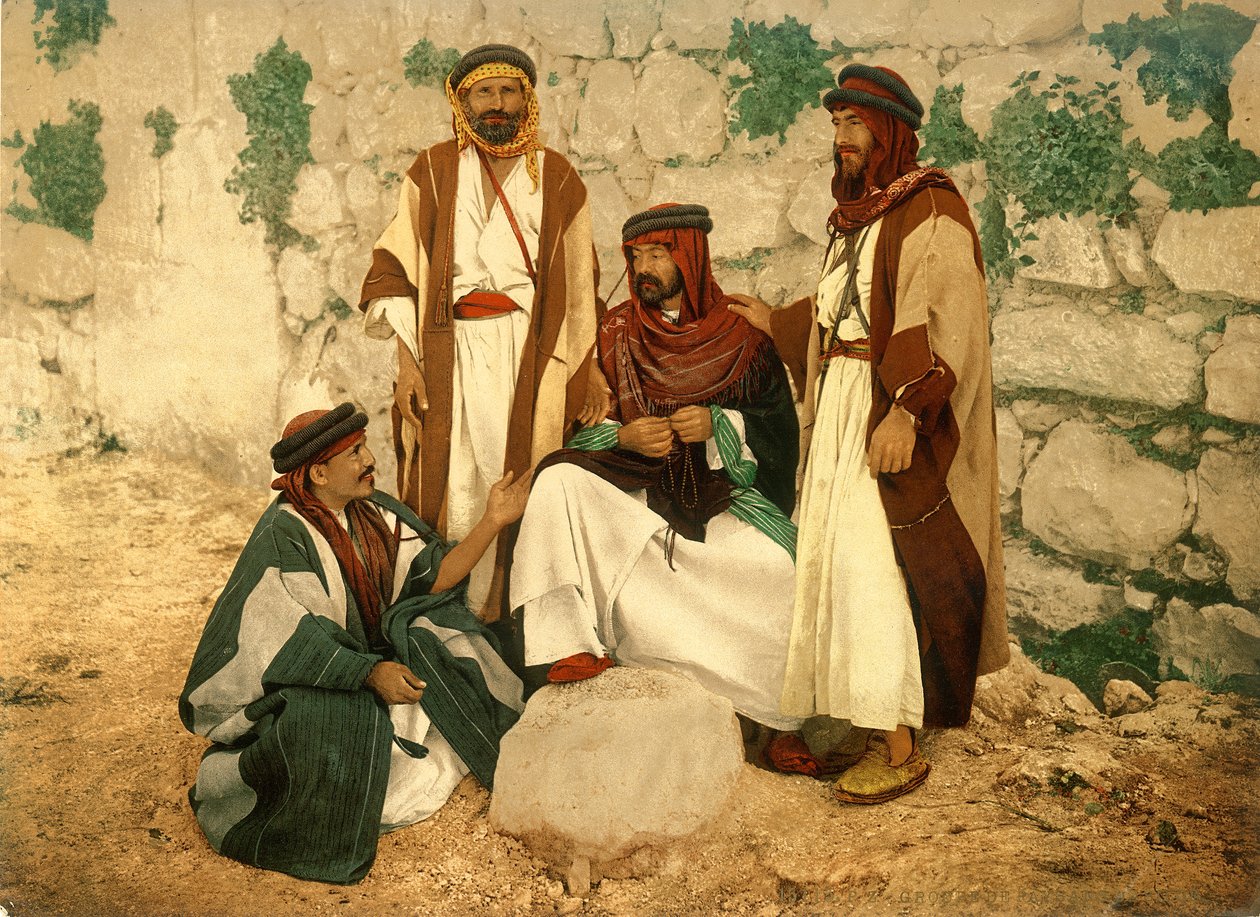 Parasztok csoportja vitában Siloamban, Jeruzsálemben, 1880-1900 körül (photochrom) alkotó: Swiss Photographer
