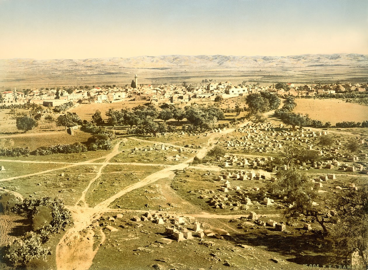 Ramleh városának kilátása temetővel az előtérben, 1880-1900 körül (photochrom) alkotó: Swiss Photographer