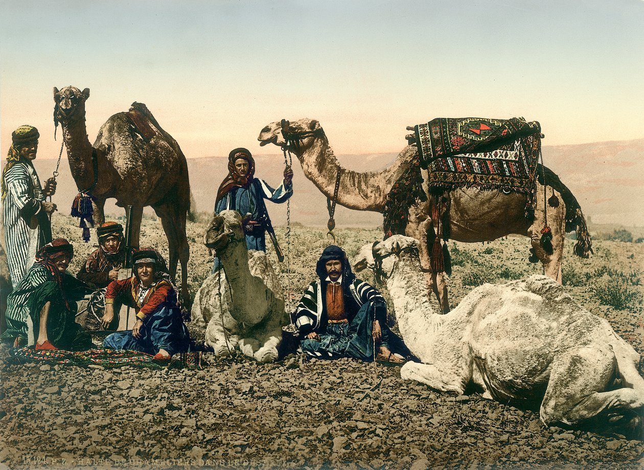 Beduinnak öltözött nyugati utazók és tevéikkel kísérőik a Jordán völgyében, 1880-1900 (photochrom) alkotó: Swiss Photographer
