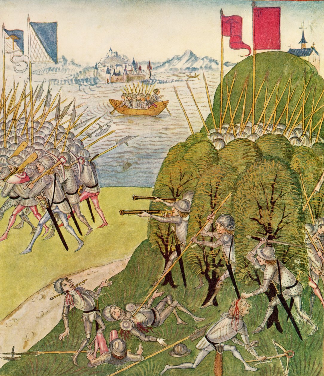 Fegyverekkel, lándzsákkal és számszeríjakkal felfegyverzett katonák a Berner Chroniktól, idősebb Diebold Schilling (1445-85 körül) 1483 alkotó: Swiss School
