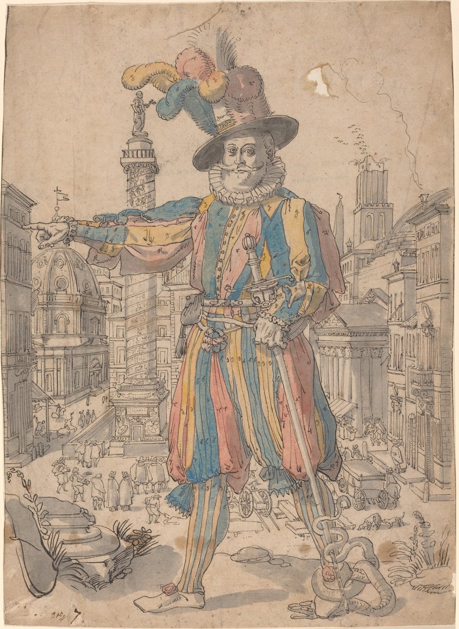 Giovanni Grosso, a svájci gárda Róma látképe előtt áll alkotó: Swiss 17th Century after Francesco Villamena