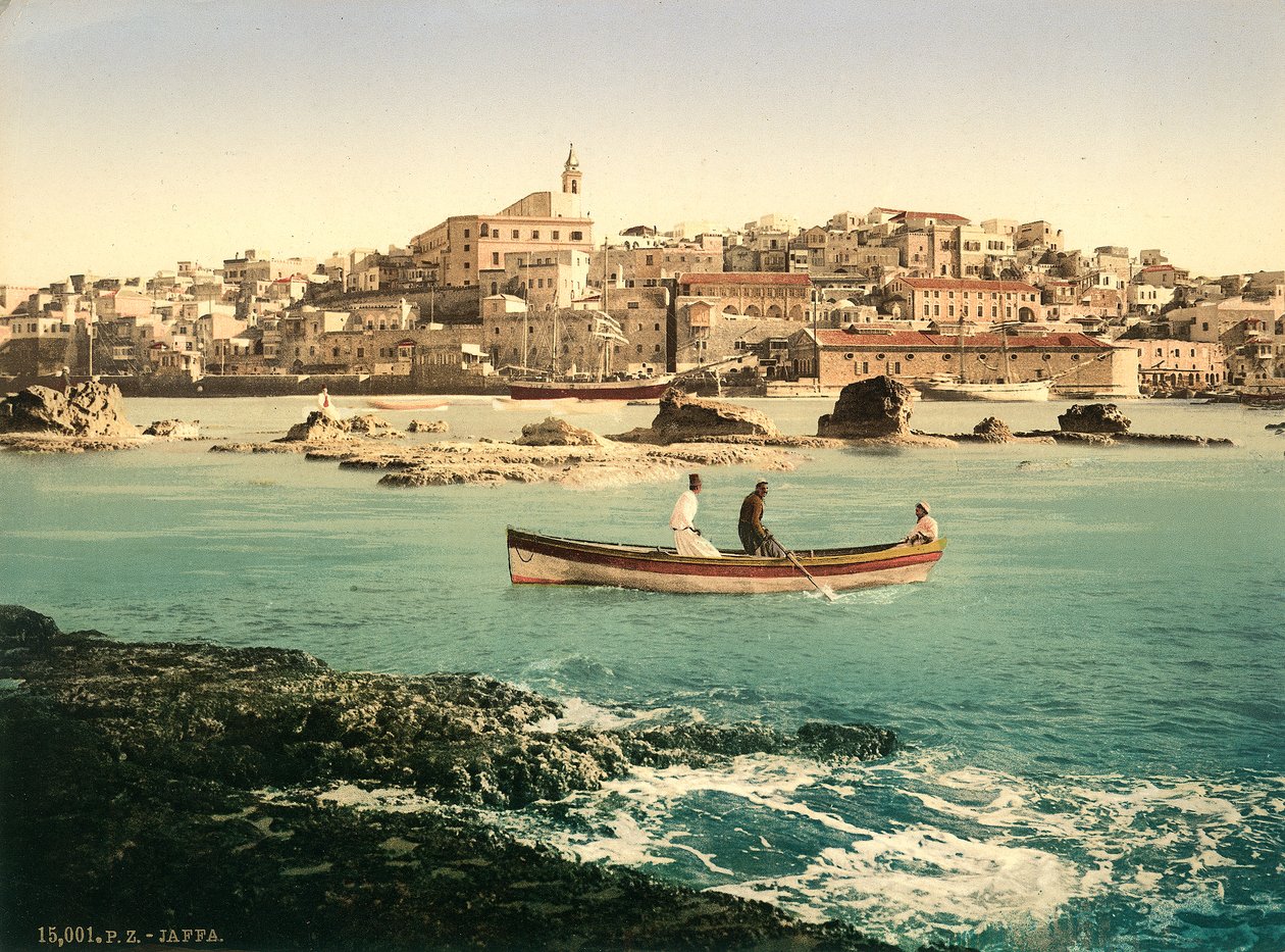 Jaffa kikötője a várossal a háttérben, 1880-1900 körül (photochrom) alkotó: Swiss Photographer