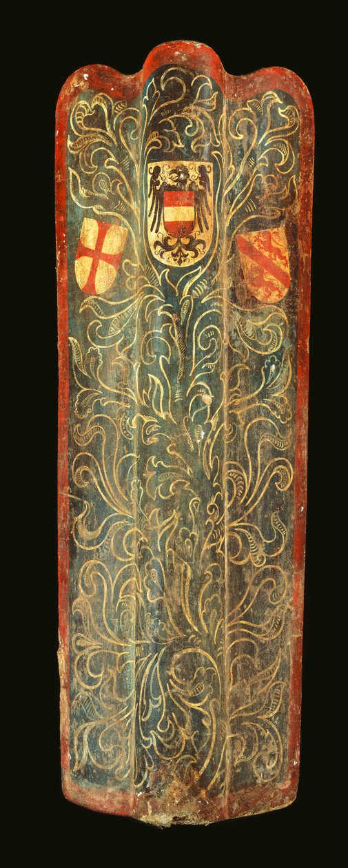 Ritka svájci fapadló, amelyet gesso festett vászon borít, zölden gördülő lombozattal és Habsburg, a Szent György Liga és Winterthur városának pajzsaival, 1445 körül alkotó: Swiss School