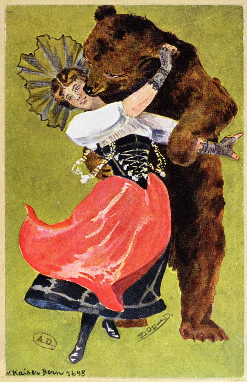 Nőt és medvét ábrázoló berni képeslap, 1900 körül alkotó: Swiss School